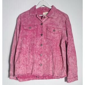 Fantastic Fawn Pink Jean Jacket Raw Edge Women’s Large Acid Wash